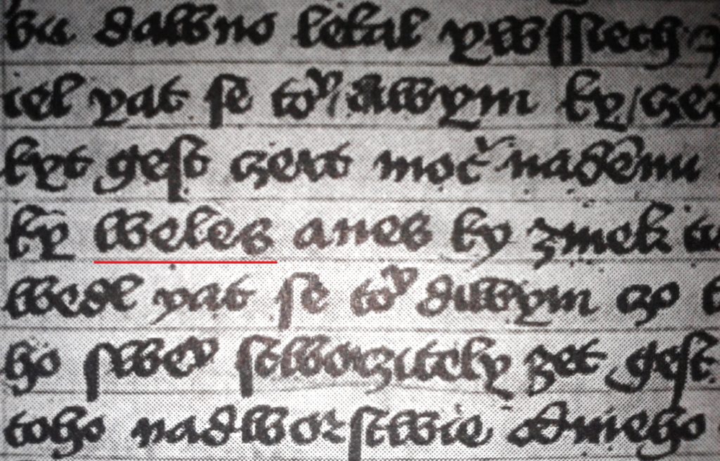 Časť česky písaného prameňa z 15. storočia, nazývaného Tkadlečkov rukopis, v ktorom nachodíme slovo Weles. Prevzaté z recenzovanej knihy, podčiarknutie predmetného slova (redakcia).